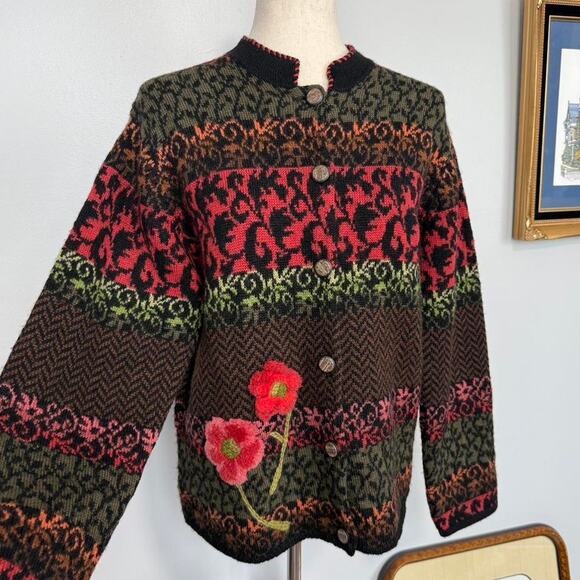 Vtg wool embroidered poppy sweater cardigan - Susan Bristol - Picture 4 of 6